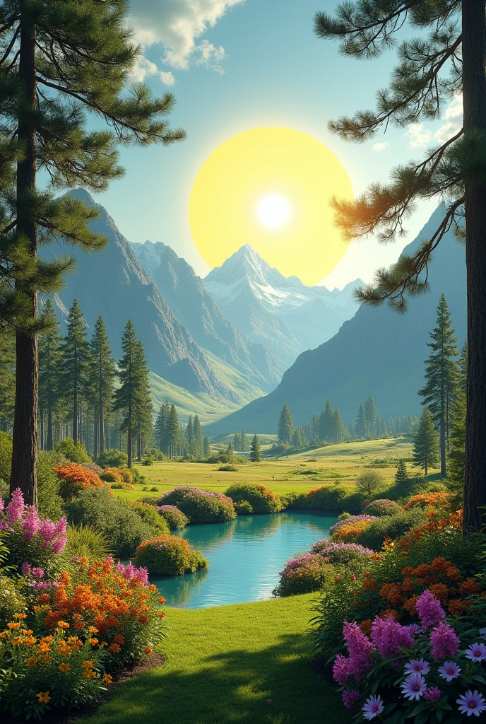 Create a realistic image with full resolution 8K cinematic quality. The scene features a vibrant natural landscape with a bright yellow sun centered in a clear blue sky, casting warm light over a stunning garden. The garden is filled with rare and exotic flowers in a variety of vivid colors, contrasting beautifully with the rich green foliage. In the background, tall, majestic pine trees rise, their dense branches framing the scene with natural elegance. Behind the pines, towering mountains covered in lush vegetation add depth to the landscape, while a vast, open field stretches towards the horizon. To the right, a small, crystal-clear lake reflects the serene surroundings, enhancing the peaceful and harmonious atmosphere. The image conveys a strong sense of tranquility and connection with nature.
