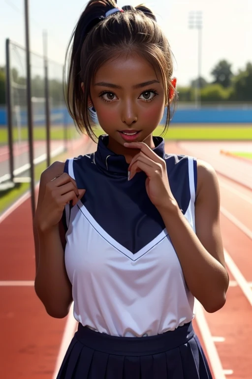one girl, Put your hand over your mouth、Beautiful breasts、 Brown eyes, ((Gal Hairstyles)) blonde, girl, (Eye and facial details:1.0), break, (masterpiece, Highest quality, Very detailed, Detailed face, 8k),( dark skin:1.8 ), 唇を噛みしめる, (((( big breasts )))), (((( short hair )))), (((( track and field uniform ))))