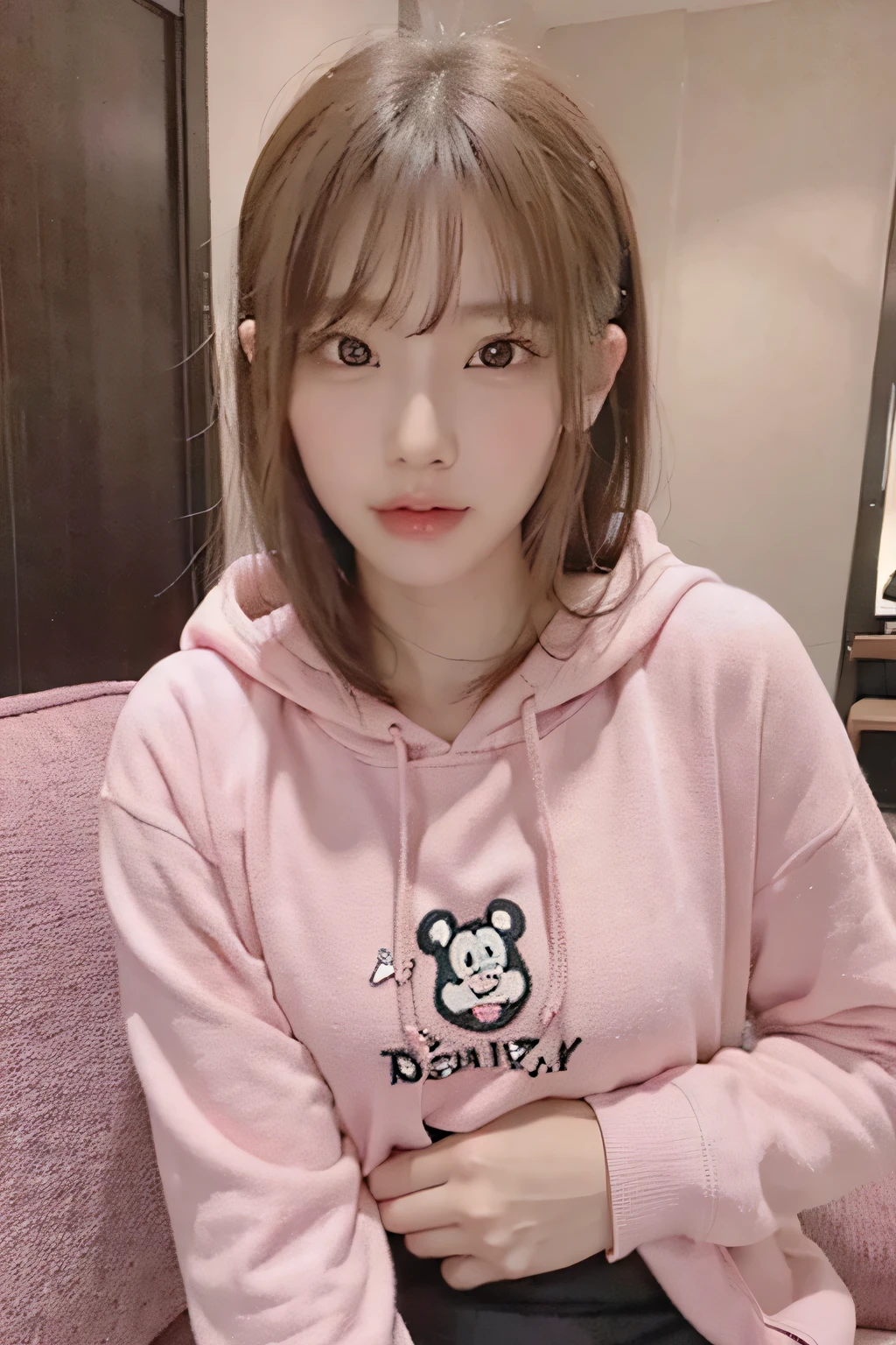 A photo of an extremely beautiful Korean girl, wearing a pink hoodie with a B design that has "Rilassato" printed on it and a Kawaii Disney character logo embroidered on the front center chest area. She is sitting on her sofa, taking a selfie. She has long, straight, brown hair with bangs, big eyes, full lips, and a natural skin tone. --ar 3:4