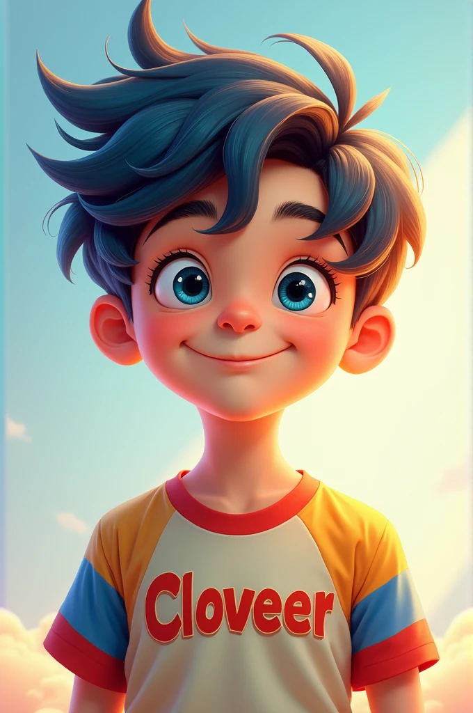 A boy with blue and brown hair wearing a shirt with the name Cloveer written on it.