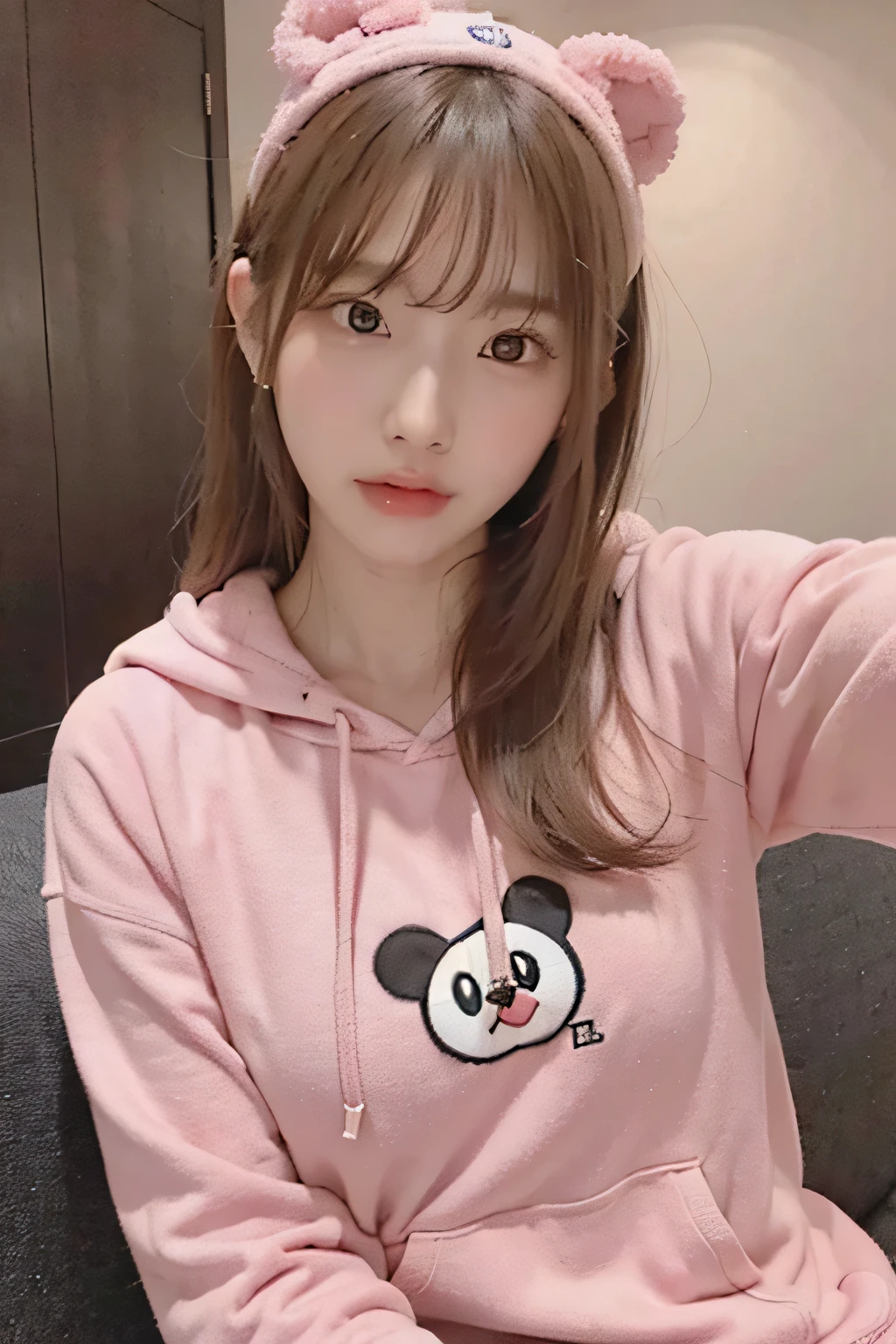 A photo of an extremely beautiful Korean girl, wearing a pink hoodie with a B design that has "Rilassato" printed on it and a Kawaii Disney character logo embroidered on the front center chest area. She is sitting on her sofa, taking a selfie. She has long, straight, brown hair with bangs, big eyes, full lips, and a natural skin tone. --ar 3:4
