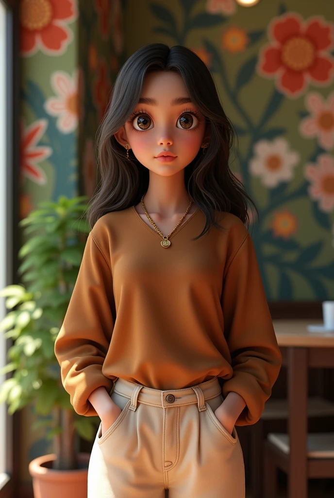 (photorealism:1.2), Indian girl wearing brown
top with full selvess and beige pants , brown middle length hairs , black and brown eyes, a gold chain on neck, standing in a cafe , with flowers in background