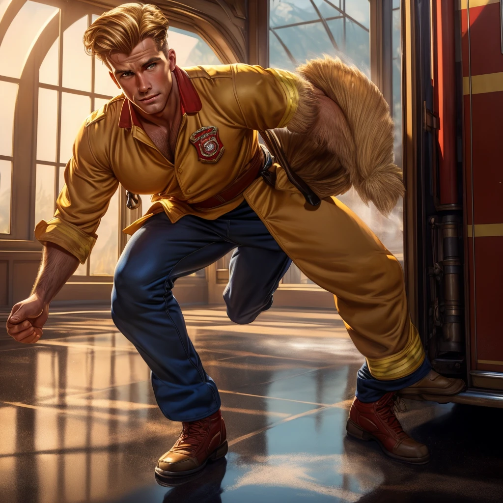 Leyendecker style illustration: Close up of a male firefighter taking off his clothes at a fire station, seductive facial expression, blond hair, very hairy body, sweat on body, firefighter uniform, firefighter gear, pants down, dynamic pose, staring at viewer, natural light, natural shadows, reflections, 4K, HDR, high detail, ray tracing, reflections,