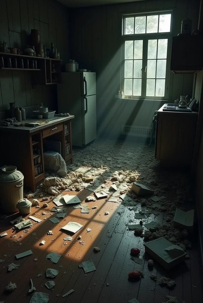 Cluttered room filled with trash, scattered papers, discarded food, wooden floor, dim lighting, disorganized