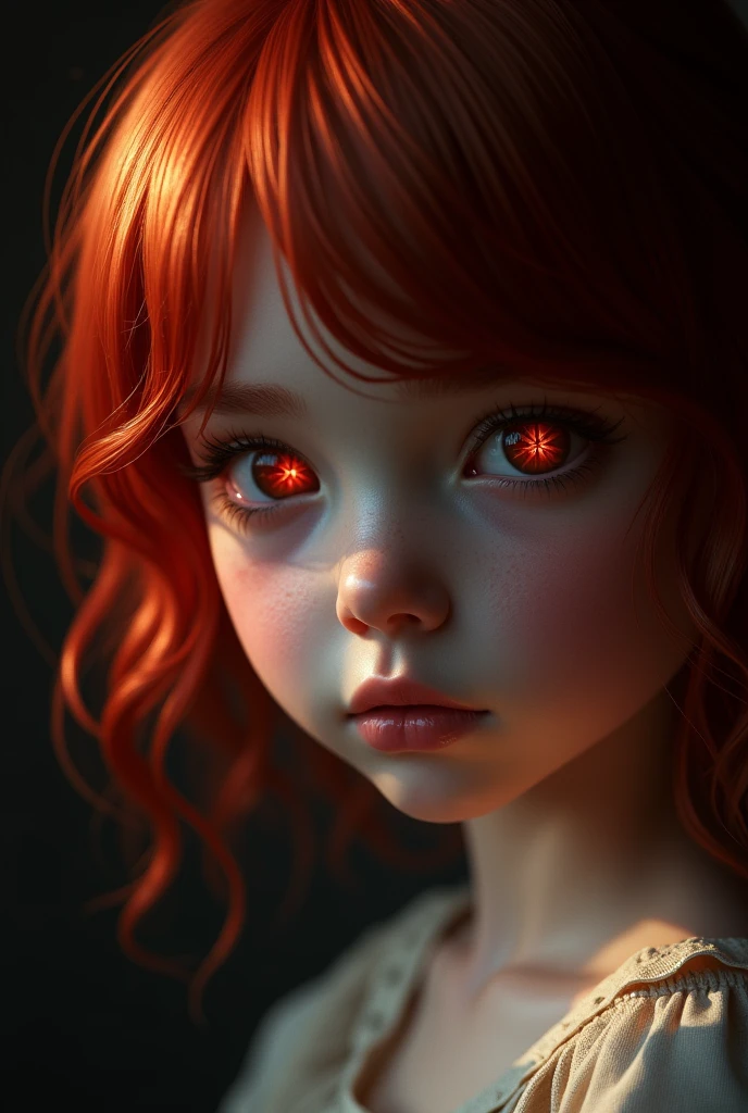 1 girl, star eye, blush, perfect lighting, Red hair, Red eyes, unreal engine, side lighting, detailed face, hits, shiny skin, simple background, dark background
