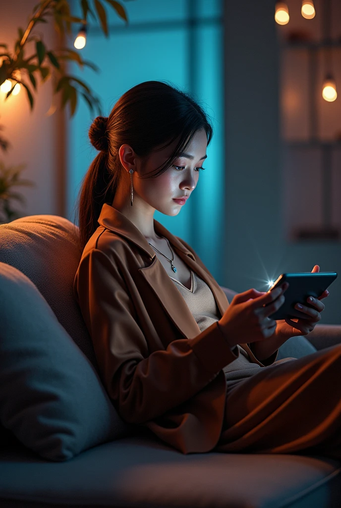 A girl is sitting on a sofa in a dark bright room with the inscription luminous esstellina with an iPad tablet and a chic outfit in brown