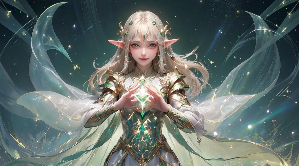 (((masterpiece, best quality, high resolution, Attention to detail)))), ((((fantasy)))), one, (Elf Woman)))), (White and gold embroidered skirt), (Long straight blond hair), (Beautiful dark green eyes)))), (Green cape armor with gold embroidery)), Large target, (Gale), (Casting a Spell)), (Many shining particles are flying), ((( In my hands, a vortex of light gathers))), (((The background is a dense magic circle of light filled with geometric patterns and magic words..))), ((Many glowing green arrows were shot out)), forest, The magic circle is reflected on the cloak