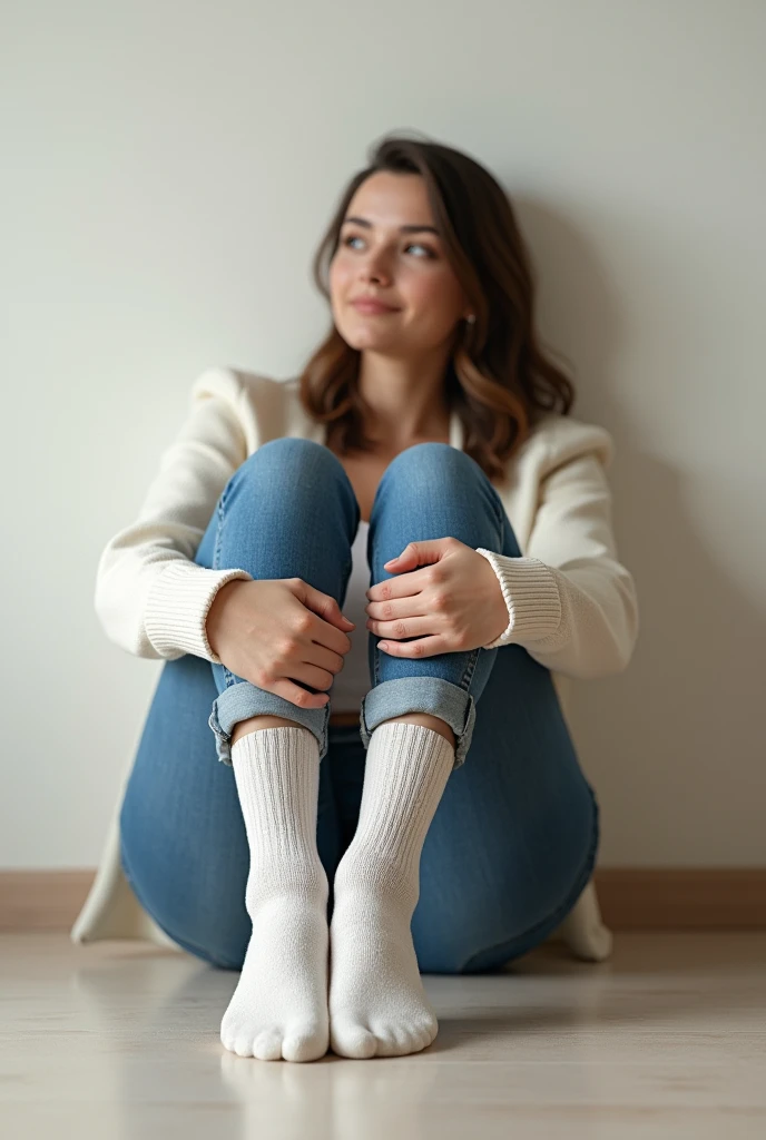 (Photorealism: 1.2), women in jeans and socks, woman sitting in socks, wall background, comfortable pose in socks, socks, bright lighting
