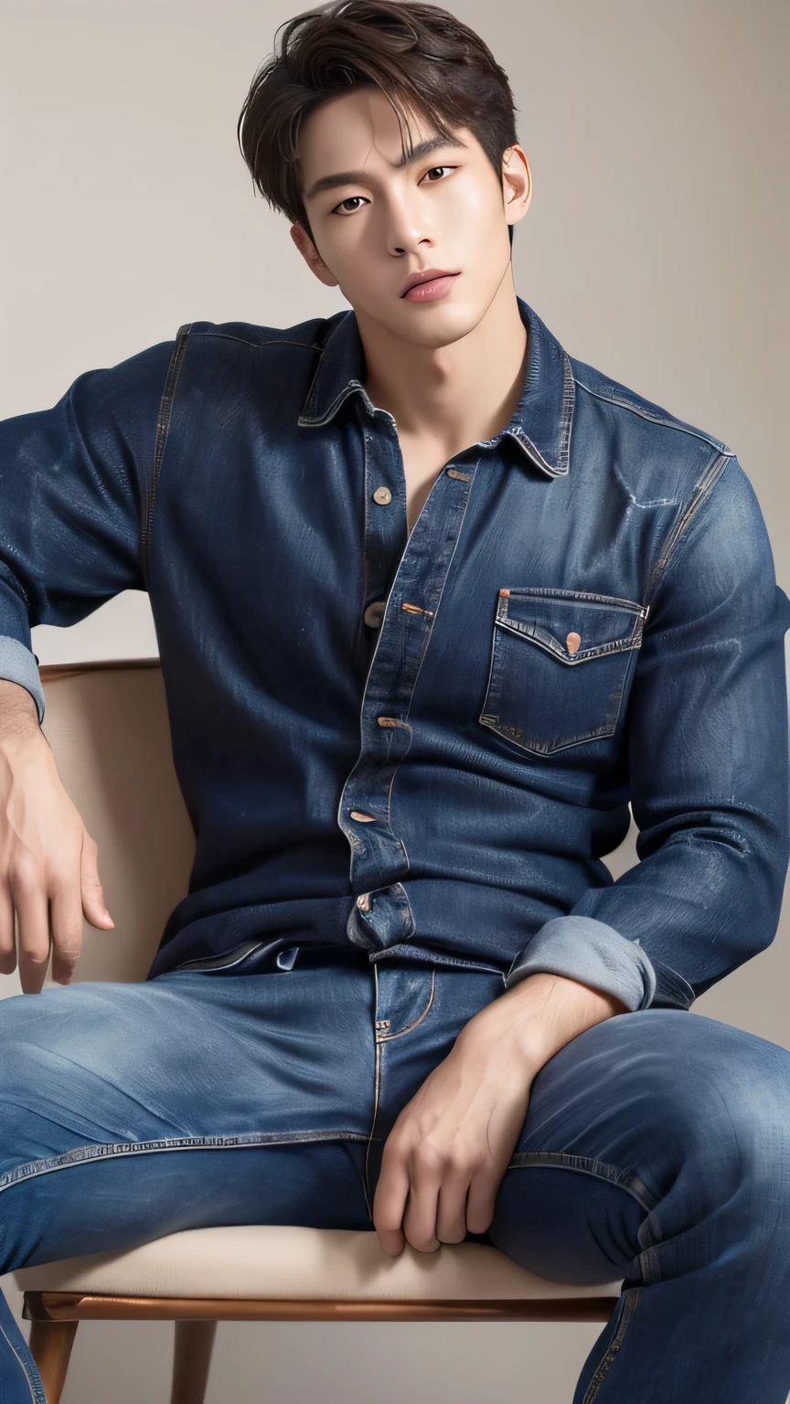 An absurd solution, High resolution, (masterpiece: 1.4), Very detailed, (((detailed face, Detailed Expression)), 1 male, Korean, Upper body , jeans, muscular, face, Realistic, photograph, Sitting cross-legged, Looking up gesture, Seated Posing, real photograph