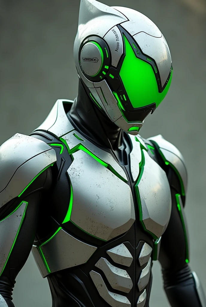 Kamen Rider, Silver armor suit with green line color, slim body, green colored small sharp eye visor, futuristic. Gundam like eye visor helmet.