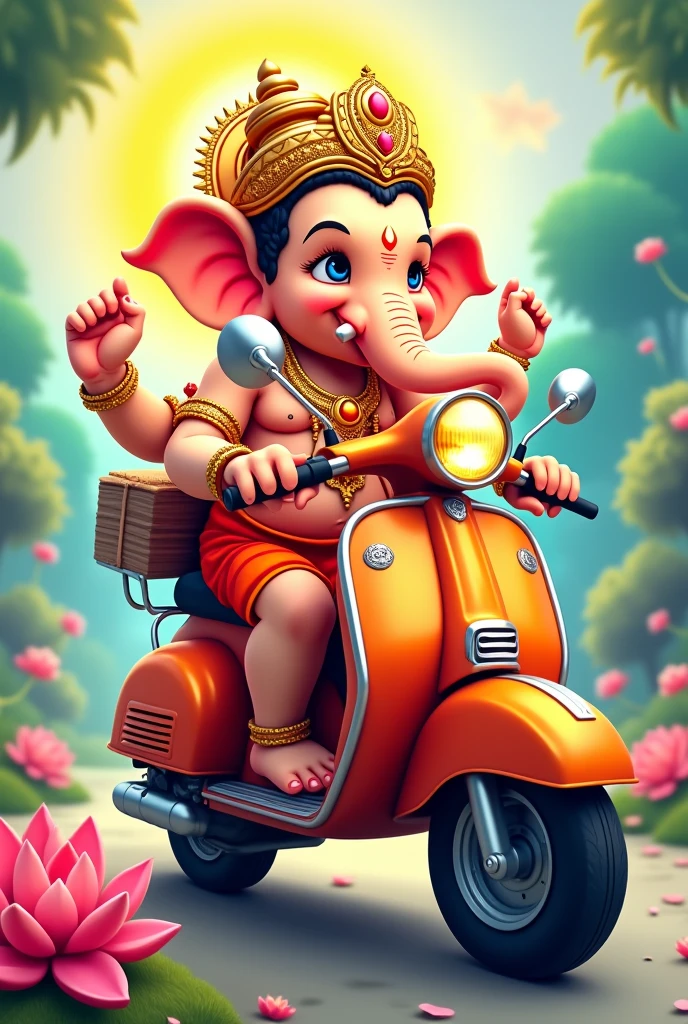 Cartoon ganpati ji riding a activa
