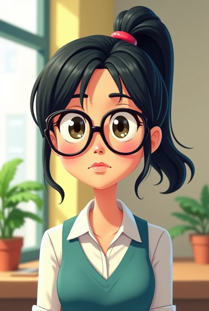 The female director of the kindergarten tied her black hair into a ponytail. She was slightly fat and wore glasses. The cartoon version was a little serious. 