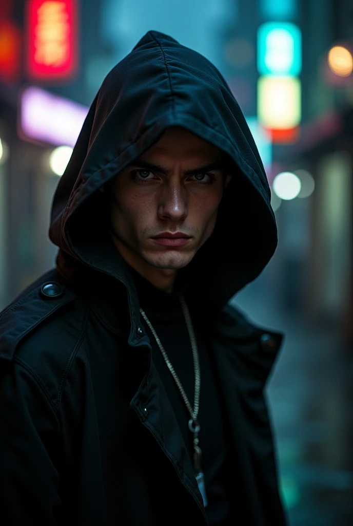 Photo of your face, male, Wearing a black coat, cyber punk
