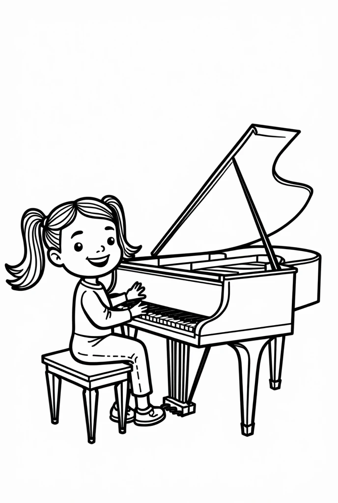Coloring book for a of 5 yearzedstawia fortepian z widocznymi klawiszami. Fortepian ma widoczne klawisze.A with pigtails sits at the piano.. The picture must be colored by yourself..