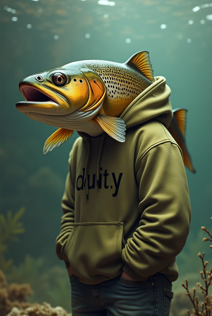Make a trout that is hacking with a sweatshirt that says duty