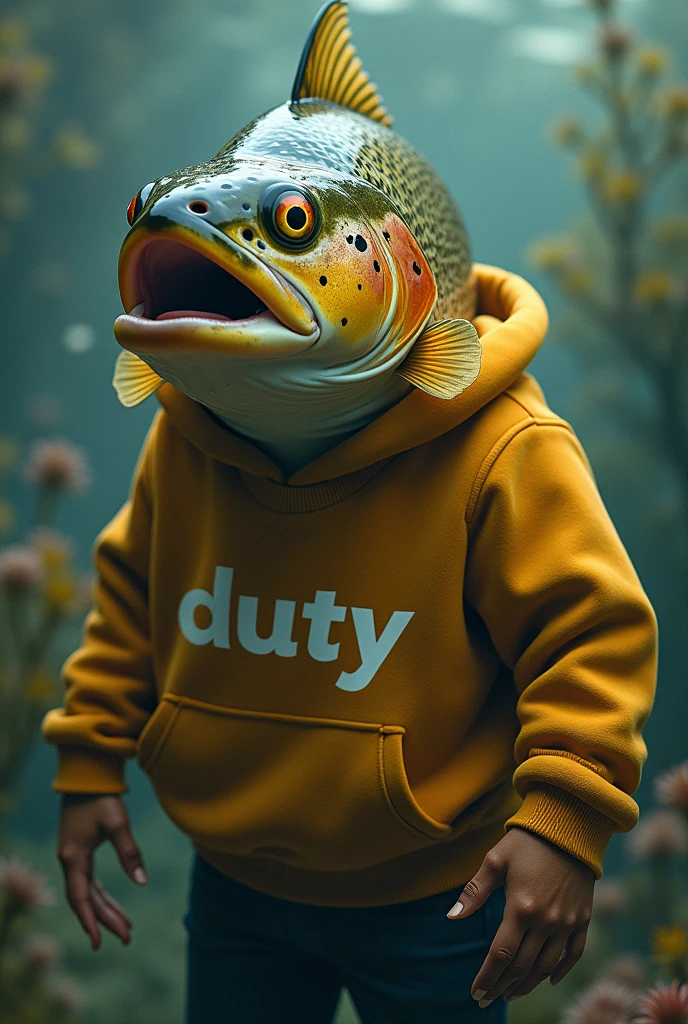 Make a trout that is hacking with a sweatshirt that says duty