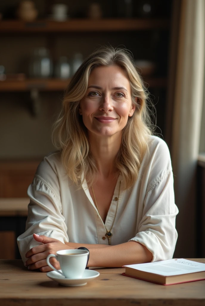 kind woman 40 years old of Slavic appearance, sits at the table wants to meet