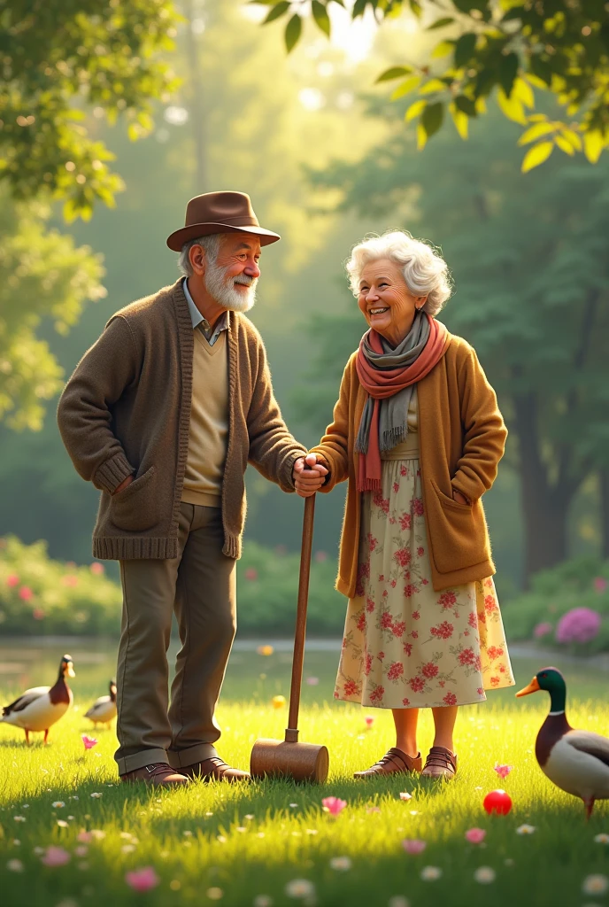 An endearing old couple, both with silver hair and twinkling eyes, sharing a heartfelt laugh as they playfully engage in a game of croquet at a lush, sun-dappled park. The man, in a comfortably worn cardigan and tweed hat, skillfully swings the mallet, sending a brightly colored ball rolling through the dewy grass. His wife, in a floral dress and a matching scarf, watches with delight, her hand covering her mouth as she giggles at their light-hearted competition. The vibrant surroundings are filled with the colors of blooming flowers, towering trees casting gentle shadows, and a nearby pond reflecting the serene scene. A few ducks waddle by, adding to the tranquil ambiance. The couple's bond, forged over a lifetime together, is palpable as they bask in the warm glow of the afternoon sun, surrounded by the whispers of the breeze and the joyful chirping of birds. Their shared moment of pure happiness exemplifies the enduring spirit of love and companionship that transcends the test of time.