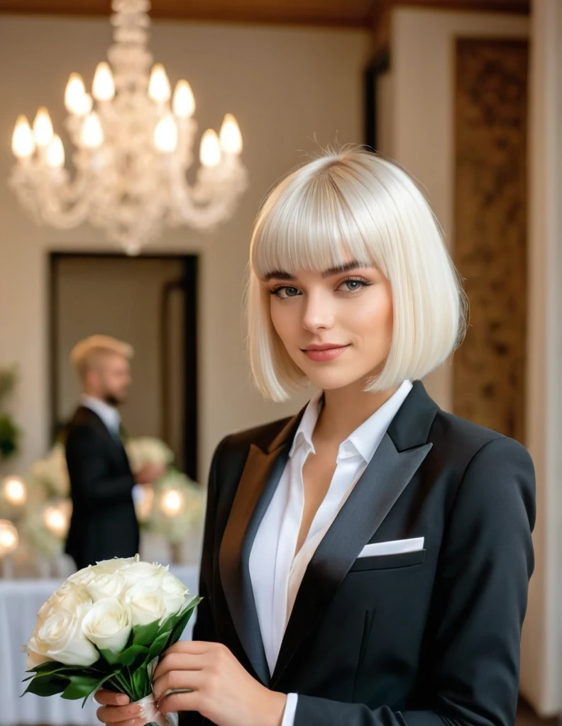 Very attractive 25yo female with platinum blonde bob hair, with bangs, wearing black suit, white shirt, setting up a room ready for a wedding ceremony