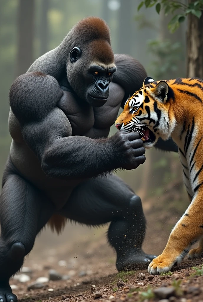 Gorilla hits Tiger with a right hand five.