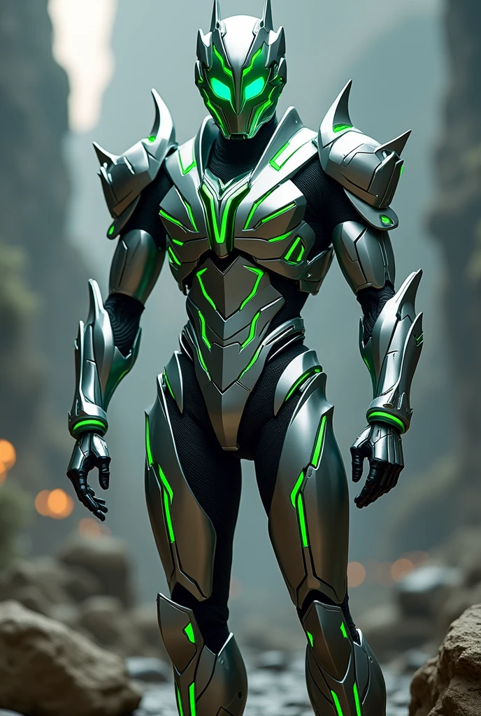 Kamen Rider, Silver armor suit with green line color, slim body, green colored small sharp eye visor, futuristic. Gundam eye visor helmet. 