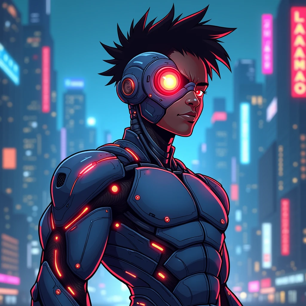 Cartoon, syborg,  titans, big black man, blue, city, نصف صورت رباتی با یک چشم قرمز