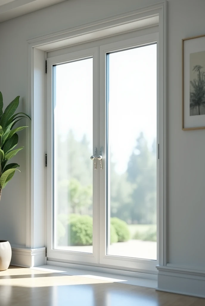 A professional and realistic image featuring a two-sash window installed in a modern interior. The window is centrally framed, with both sashes perfectly aligned and smoothly functioning. The image showcases the clean lines and high-quality materials of the window, emphasizing its durability and aesthetic appeal. The setting is bright and well-lit, highlighting the clear view through the window and the seamless integration with the surrounding wall. The overall scene conveys a sense of quality, precision, and professionalism in the window installation and maintenance services provided by the company.