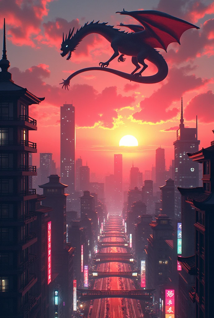 (masterpiece:1.2), best quality,midjourney, no person just background, japanese futuistic city, dragons in the sky, sunset with bleeding lights