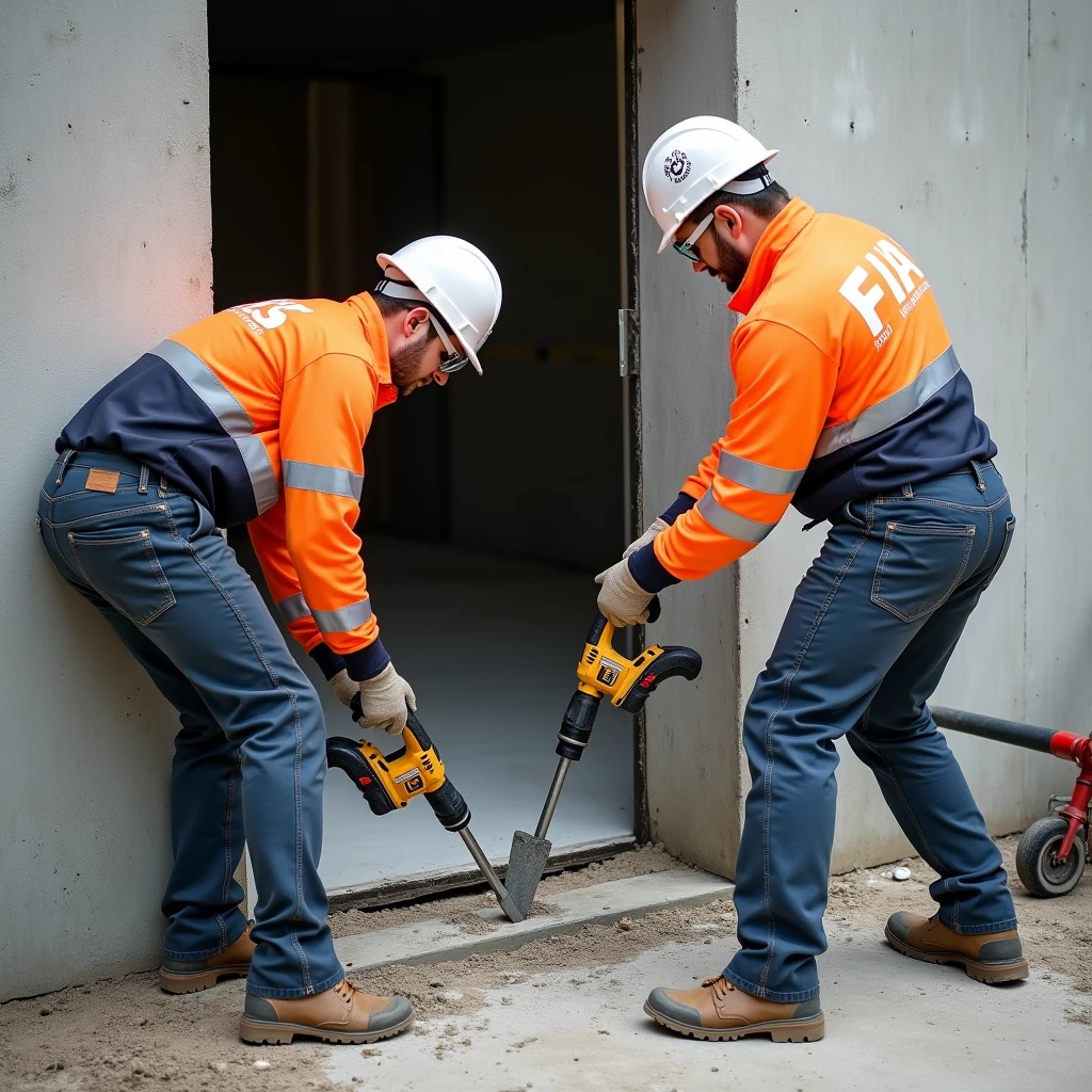 Create a professional and realistic image for an online store that offers door installation and maintenance services, focusing on the task of expanding a concrete doorway by removing quarter sections. The image should depict skilled workers using heavy-duty tools such as a hammer drill or chisel to carefully chip away at the concrete to widen the doorway. The workers should be dressed in branded, professional attire, with protective gear like safety goggles and gloves. The setting should be a construction or renovation site, with the doorway partially expanded, showcasing the precision and expertise involved in the process. Include subtle branding elements, such as logos on the workers' uniforms or tools, to reinforce the company’s identity. The overall scene should convey professionalism, strength, and a high level of craftsmanship in handling complex modifications to concrete structures.