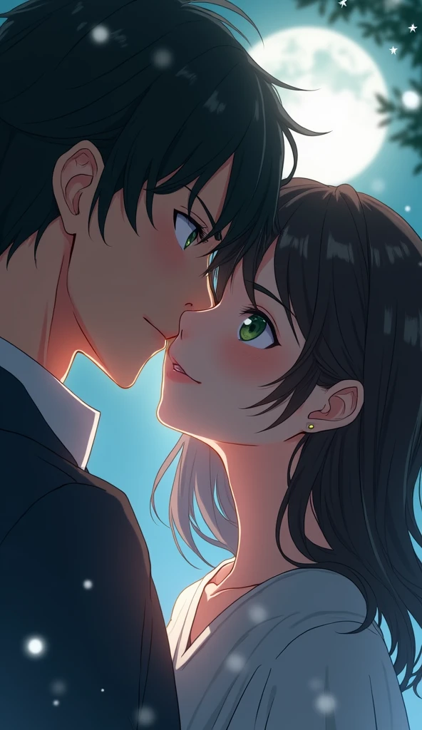Generate a girl with dark brown slightly wavy hair and dark olive green almond shaped eyes. A soft jawline, a straight nose. Very nicely shaped eyebrows. Make her very beautiful because she is.  the background it's gonna be the moonlight. She's around 1.

Generate her kissing Megumi Fushiguro from Jujutsu Kaisen

Style: Anime, The Jujutsu Kaisen artstyle to be exact, not from the first season. The second season because the artstyle is more soft and smoother