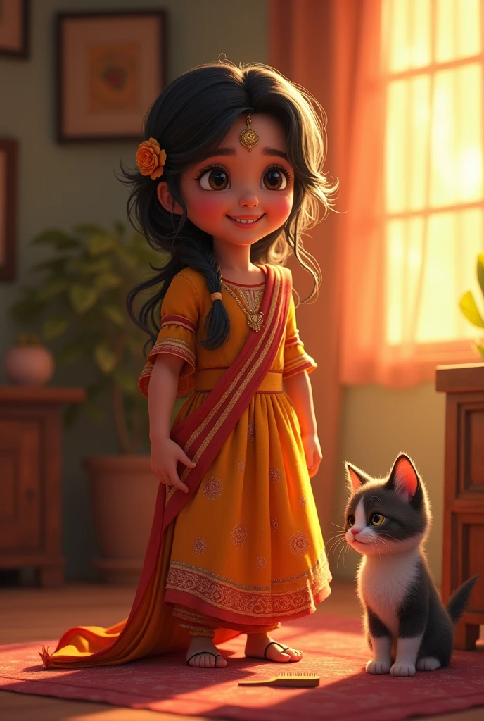 Ayesha Preparing for the Festival:"Ayesha dressing up in her most beautiful traditional frock, while her kitten, Moti, sits nearby, being groomed with a small brush. Ayesha is smiling, and the room is filled with the warm, soft light of evening.
'Ayesha is a  '
'Ayesha is five years old '
