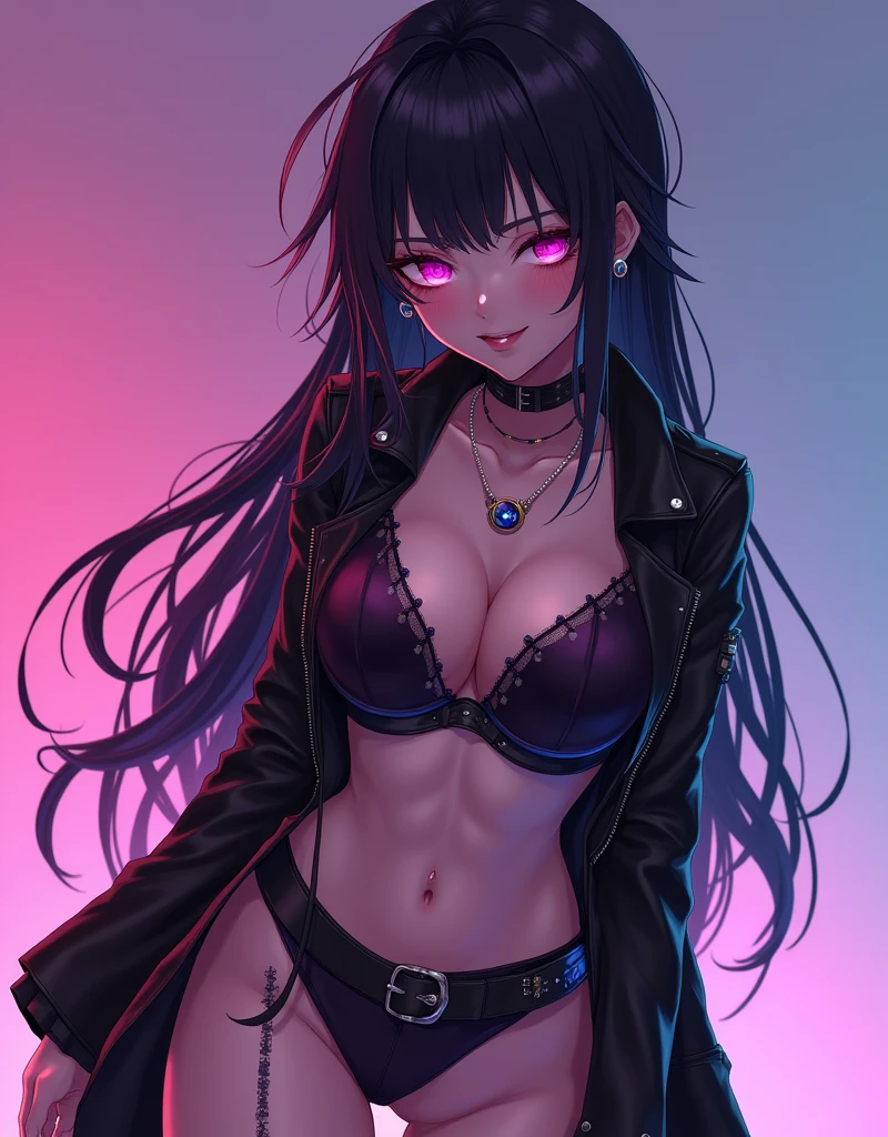 1girl, cyberpunk, (full body:1.1), thighhighs, cleavage, perfect eyes, perfect face, kuvshinov, (gradient background:1.2), doing blowjob oral sex