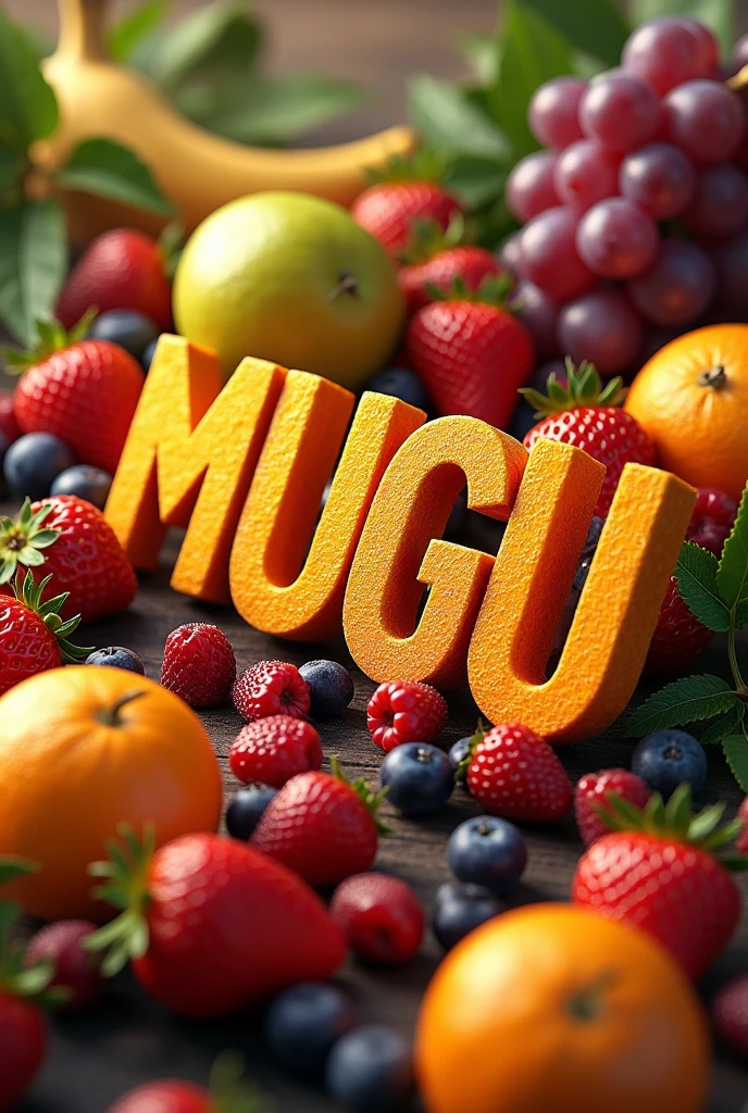 I want mugu text with juice and fruits realistic background 