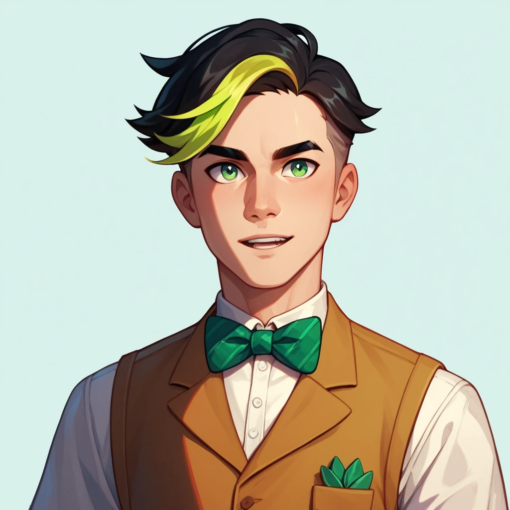 Human Male , Black hair   ,(( whiter highlights )), solo , Green pupils , Brown vest,bow Tie 