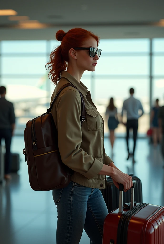 A white woman, with medium wavy red hair getting off a plane with sunglasses and hair tied up carrying suitcases