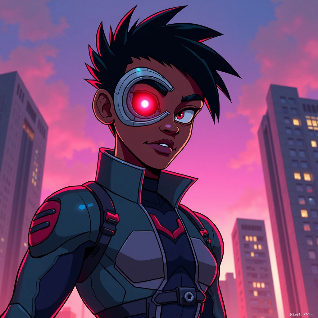 Cartoon 2D, syborg, teen titans, big black man, blue, city, نصف صورت رباتی با یک چشم قرمز