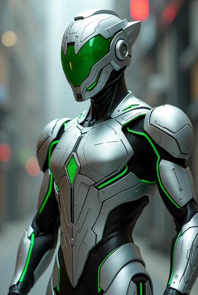 Kamen Rider, Silver armor suit with green line color, slim body, green colored small sharp eye visor, futuristic. Mecha helmet. 