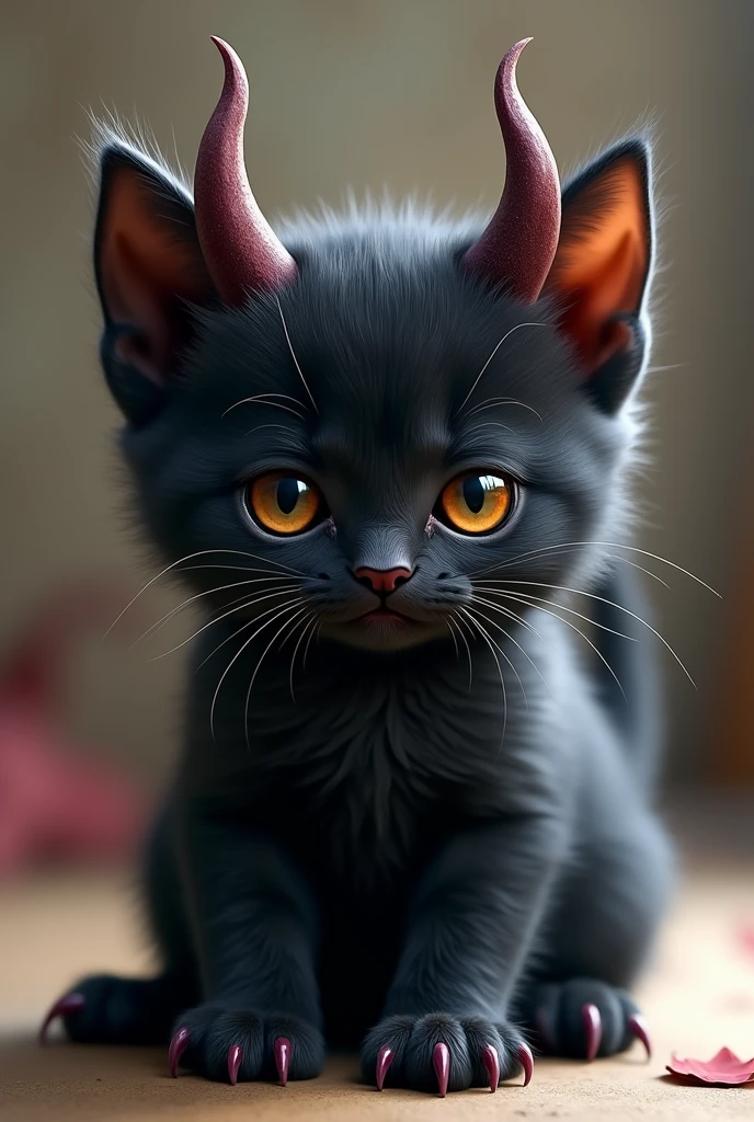 Cute black kitten with devil horns and big claws , with a malicious look