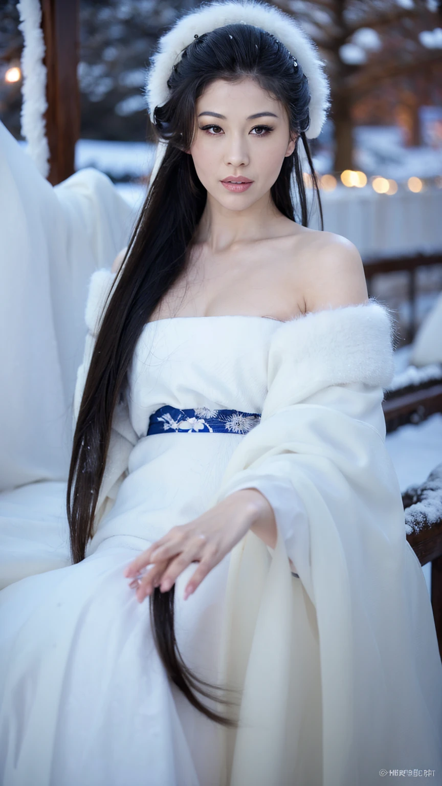 1 Fashion Model [[[[close up]]]], [[[[neck]]]], [[[[Shoulder]]]], (((Complete head)))，(((Complete hairstyle)))，Perfect eyes, Perfect Iris，Perfect lips，Perfect Teeth，Perfect skin，White skin，Soft headlights，High-density imaging，Black long hair，（Clean and delicate face），((White fur winter hanfu))，((Half-length photo))，((The background is a snowy scene))，((winter))，((night))，((winter的night))，((Various dynamic poses))，((The background is a snowy scene))，best quality，masterpiece，（Soft colors：1.2）