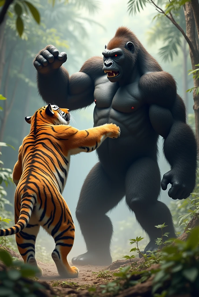 Tiger hits gorilla with a right hand five.