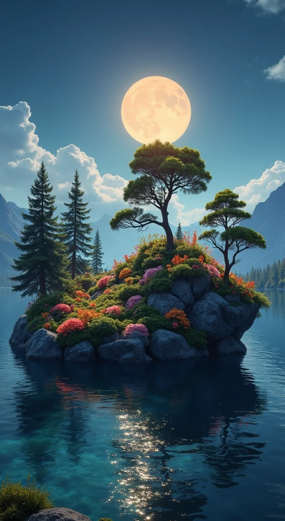 Create a realistic image with full resolution 8K cinematic quality. The scene features a vibrant natural landscape with a bright yellow sun centered in a clear blue sky, casting warm light over a stunning garden. The garden is filled with rare and exotic flowers in a variety of vivid colors, contrasting beautifully with the rich green foliage. In the background, tall, majestic pine trees rise, their dense branches framing the scene with natural elegance. Behind the pines, towering mountains covered in lush vegetation add depth to the landscape, while a vast, open field stretches towards the horizon. To the right, a small, crystal-clear lake reflects the serene surroundings, enhancing the peaceful and harmonious atmosphere. The image conveys a strong sense of tranquility and connection with nature.