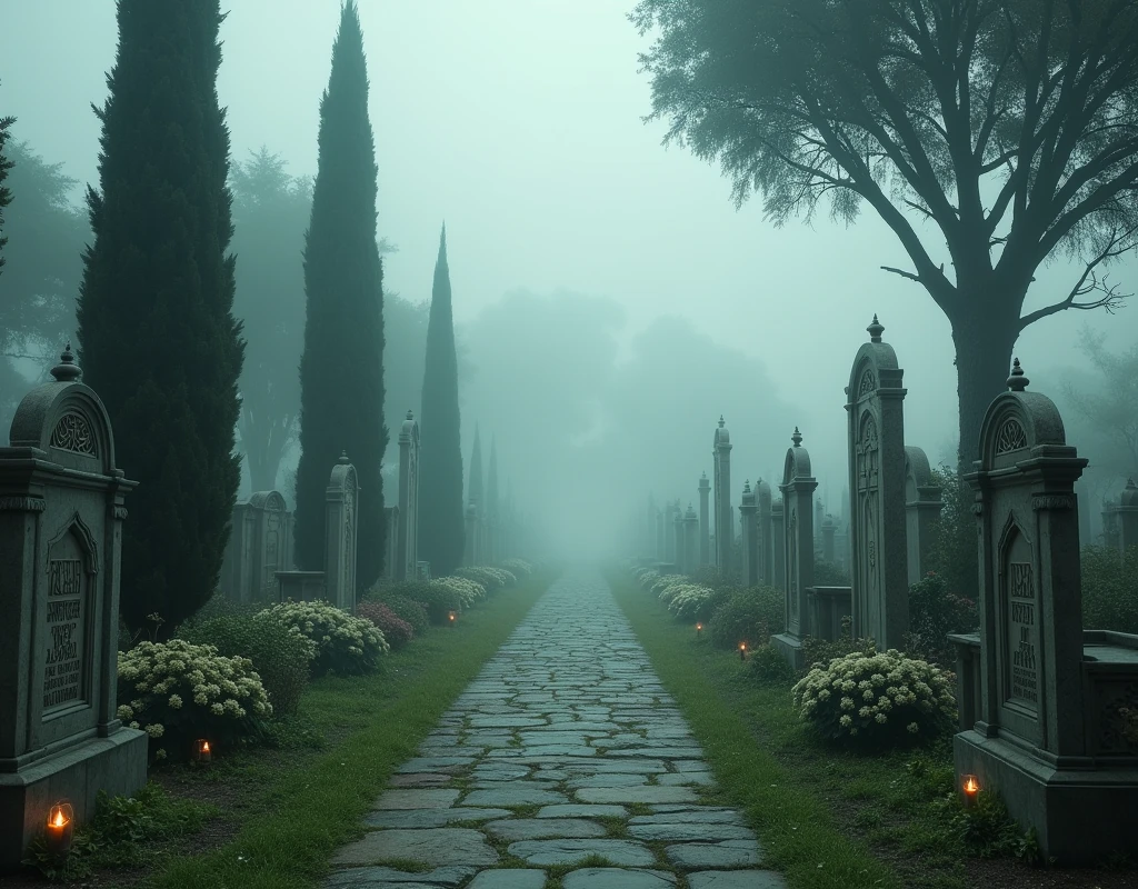 Muslim cemetery in foggy weather