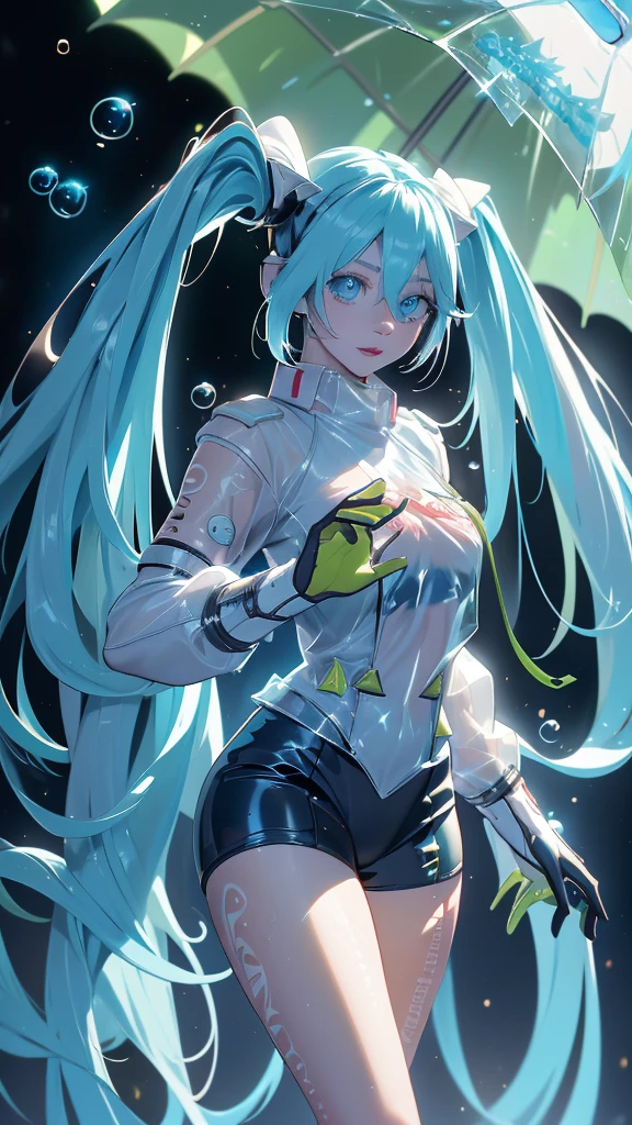 (Best quality,a high resolution,Ultra - details,valid), Hatsune Miku, big breasts, dynamic pose , dark green hair, (two tails) , Very long hair, Put your hands behind your back, Blue eyes, bright eyes, relaxed face, eyebrow hair, shiny hair,,(Destroyed dungeon background:1.4 ), Shiny skin, slight smile, Racing Miku, Negro body, Short jacket, white jacket, long sleeve, two-tone gloves, thigh high boots,,(Destroyed dungeon background nublado lluvia :1.4 ),(masterpiece: 1.4), (8 K, realist, Raw photo, Best quality: 1.4),(Hatsune Miku:1.4), (Hatsune Miku V2.1), (Detailed faces: 1.5, (красивые Blue eyes :1.4) , Beautiful face, beautiful eyes, Iris outline, thin lips: 1.5, thin, sharp pale eyebrows, long, dark eyelashes, double tabs),perfect hands: 1.5, (Cinematic V2.1), (Large transparent soap bubbles:1.4) 