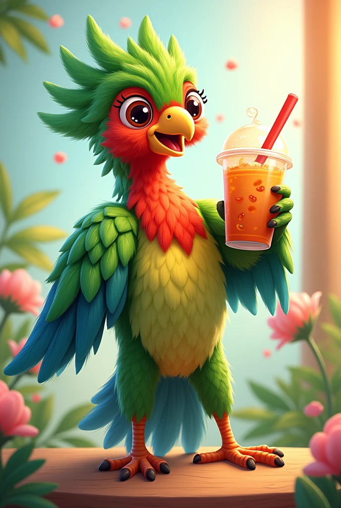 Cartoon of a quetzal showing a bubble tea