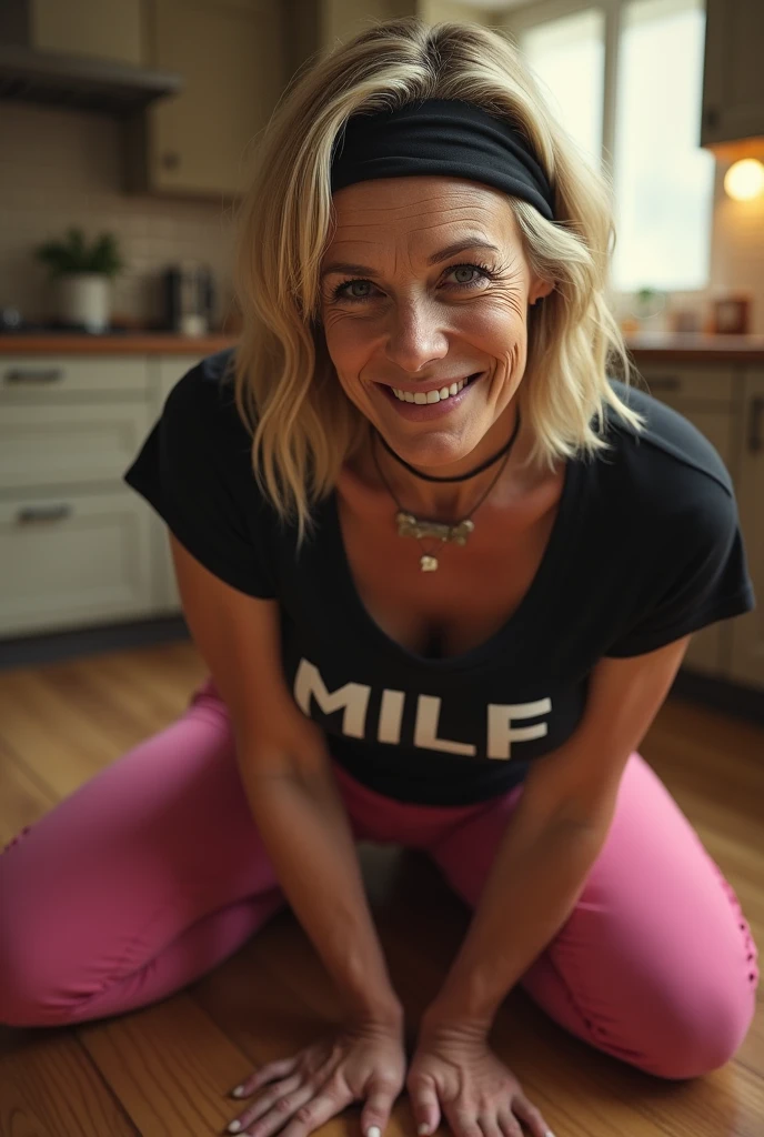 (photorealism:1.2), middle aged caucasian woman, (age 38:1.5), run comfortable pose, realistic, intricate details, warm colours, blonde white hair, shoulder length bobcut hair, rough face skin, short height, thick thighs, sweaty, sweaty, textured aged skin, tanning lines, small breasts, skinny-fit, choker with a dog bone on it, , black blindfold, aged face skin, red smushed lipstick, wearing pink very tight yogapants, full body visible, seductive relaxed pose, legs spread, tight high-waist t-shirt with word in caps “MILF” on it, bending over on the kitchen floor, mouth open, forced smile,