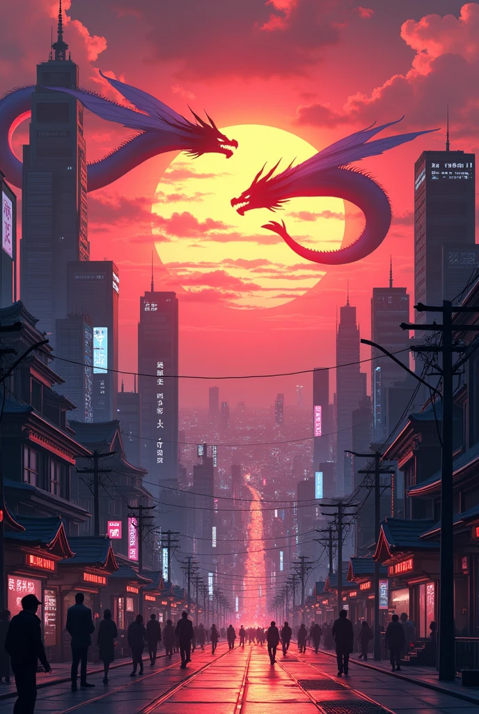 (masterpiece:1.2), best quality,midjourney, no person just background, japanese futuistic city, dragons in the sky, sunset with bleeding lights 