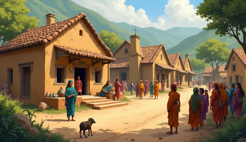 Illustrate a rustic village scene in India with traditional houses and villagers gathered around the village head's (Mukhiya's) house