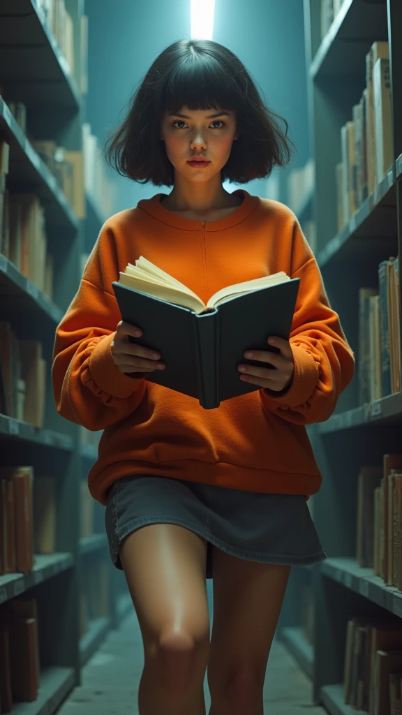 there is a Vilma Dinkley con Scooby-Doo, in a short skirt holding a Book, highly detailed giantess shot, rendered in sfm, extremely detailed giantess shot, tracer in a skintight dress, giantess art, velma, macro giantess, leeloo outfit, (Vilma Dinkley:1.4), high quality, (RAW photo, best quality), (realistic, photorealistic: 1.4), (extremely delicate and beautiful: 1.4), amazing, fine details, masterpiece, ultra detailed, high resolution, best illustration, best shadow, intricate, ( extremely intricate: 1.2), (exquisitely detailed skin), cinematic light, perfect anatomy, (cool color: 1.4), sharp focus, 8k UHD, DSLR, (Fujifilm XT3),(estilo cinematográfico :1.4), (efectos cinematográfico :1.4), (colores cinematográfico), (Scooby-Doo:1.4), (panties white upskirt )