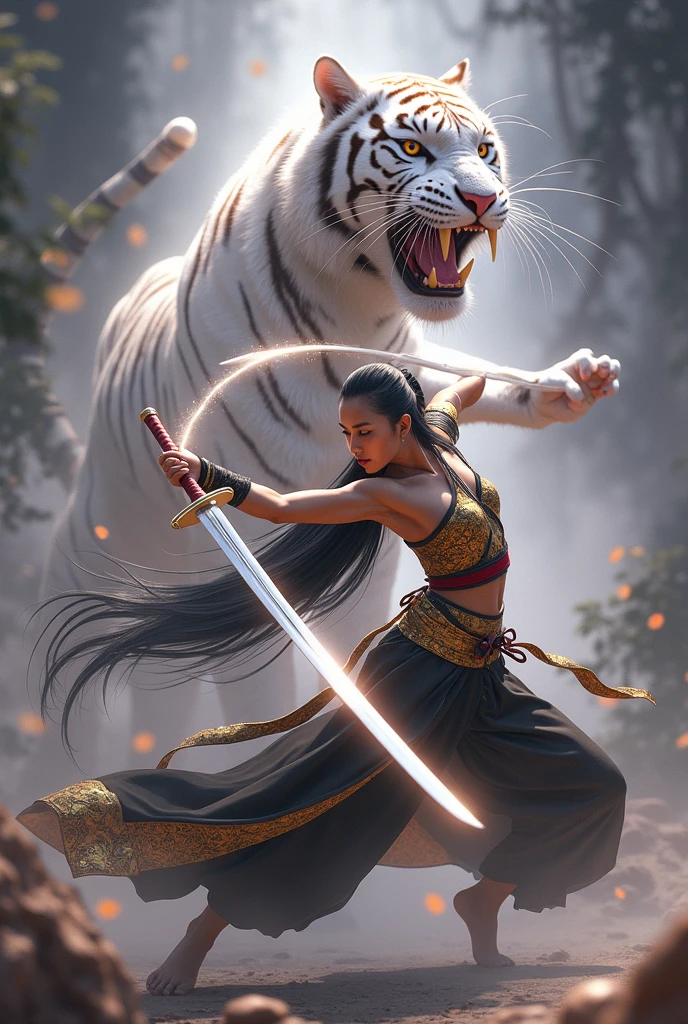 A beautiful young woman, in an ancient black Dusit Thai costume, wearing a black and gold sarong, long black hair, long swordplay, separated by every fierce attack, covered with thick fog that obscures the view, revealing a vivid and surreal scene, the blade's s-cut stands out against the blurred background., Mysterious background, the sharp eyes of a large white tiger with long fangs, written behind the young woman, meeting the audience's eyes.., A thick layer of fog covers the landscape, piercing, clear eyes, incredible light and color.
