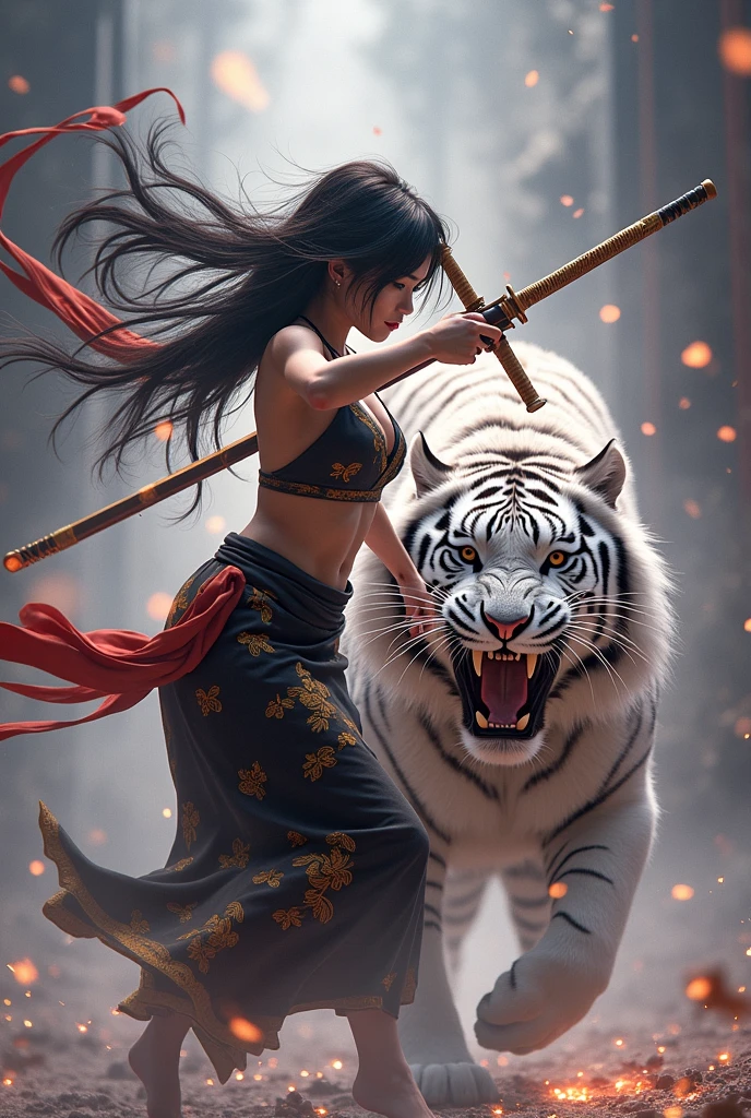 A beautiful young woman, in an ancient black Dusit Thai costume, wearing a black and gold sarong, long black hair, long swordplay, separated by every fierce attack, covered with thick fog that obscures the view, revealing a vivid and surreal scene, the blade's s-cut stands out against the blurred background., Mysterious background, the sharp eyes of a large white tiger with long fangs, written behind the young woman, meeting the audience's eyes.., A thick layer of fog covers the landscape, piercing, clear eyes, incredible light and color.